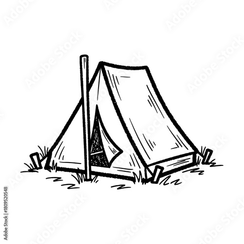 Camping Tent Illustration: Hand-Drawn Style, Black and White