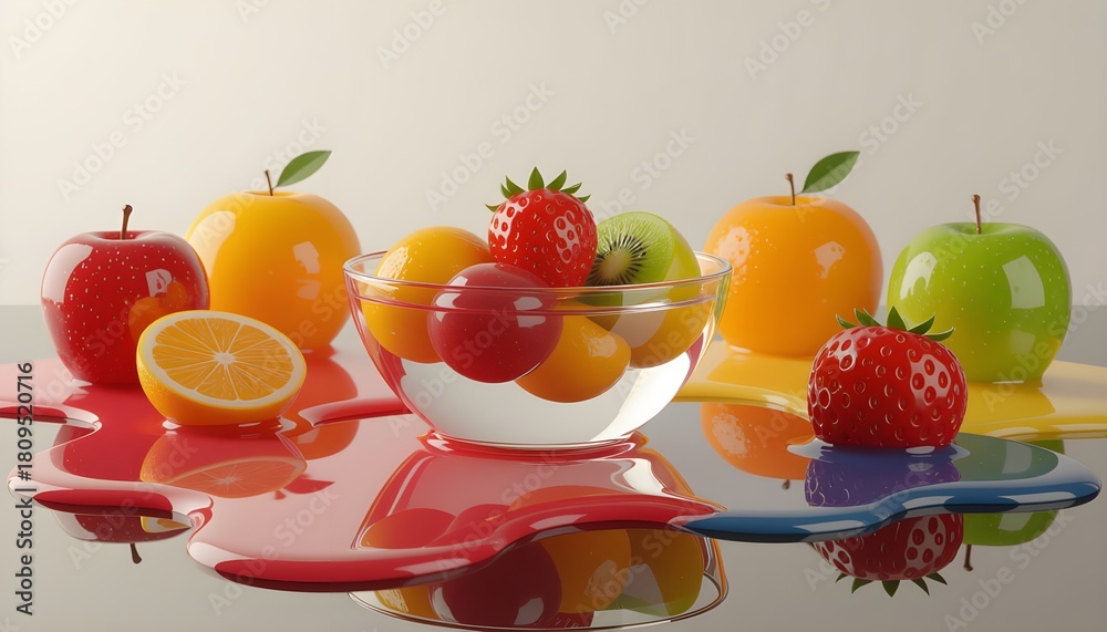 Naklejka premium Fresh Assorted Fruits in Glass Bowl with Colorful Reflections 