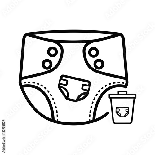 Baby diaper and trash can icon, symbolizing waste and disposal