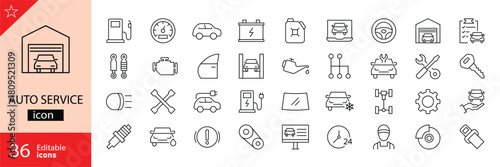 Auto service icons set. Includes symbols of car repair, tools, maintenance, diagnostics, oil change, and mechanical parts. Editable stroke. Vector illustration. Outline icons. Perfect for automotive.