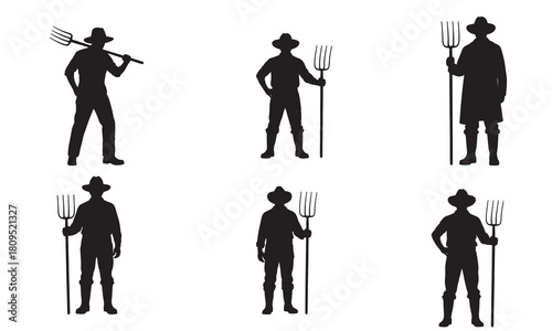 Collection of six distinct farmer silhouettes holding pitchforks and tools in various poses silhouette