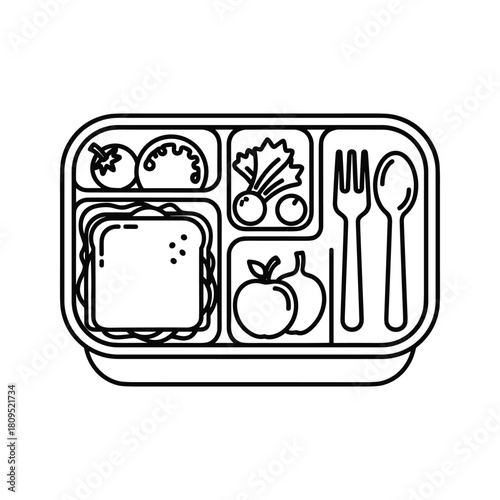 Lunchbox with sandwich, fruits, vegetables, and cutlery, isolated on white