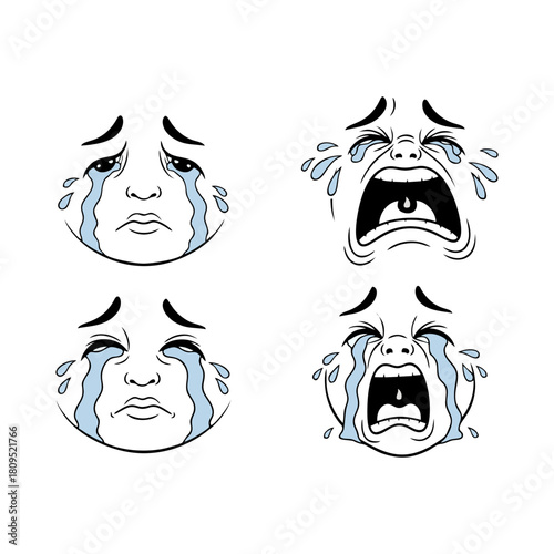 A collection of four illustrated cartoon faces expressing intense sadness, anguish, and grief through crying and wailing