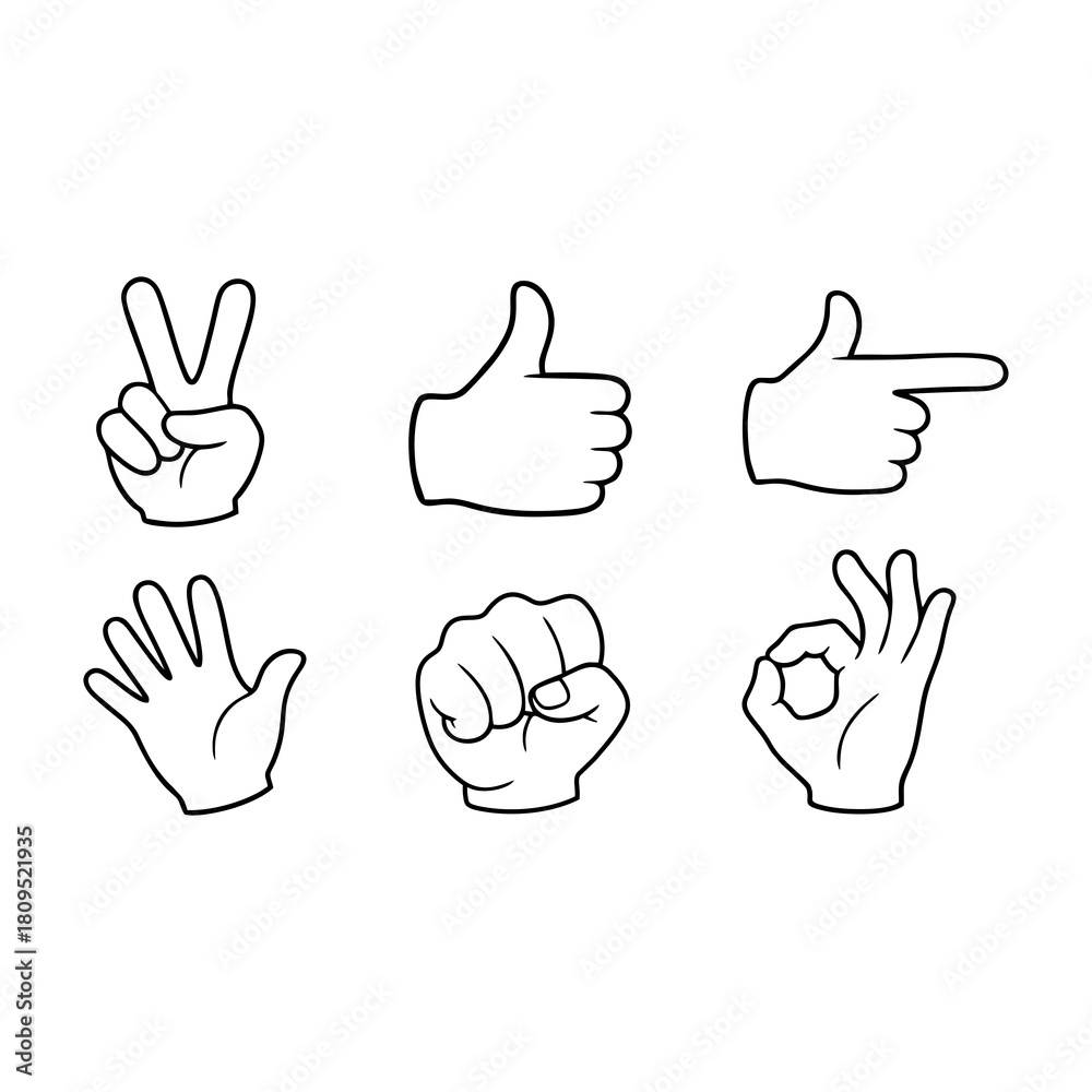 Fototapeta premium Vector illustration set of six different human hand signs and gestures. Simple black outline icons isolated on a white background