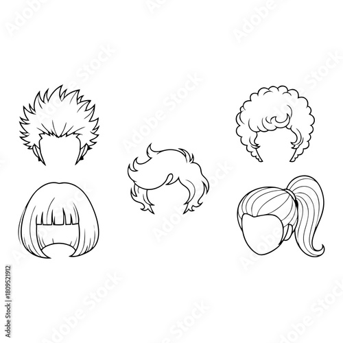 A diverse set of five hand-drawn hairstyle icons in a minimalist line art style, perfect for character creation and graphic design elements