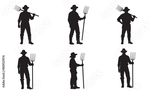 Collection of farmer silhouettes holding pitchforks in various poses and styles silhouette