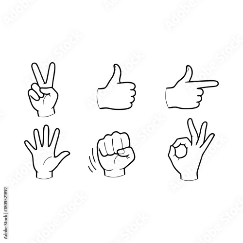 Diverse Collection of Hand Gesture Illustrations Representing Common Human Communication and Social Interaction Signals for Graphic Design Elements and UI Kits