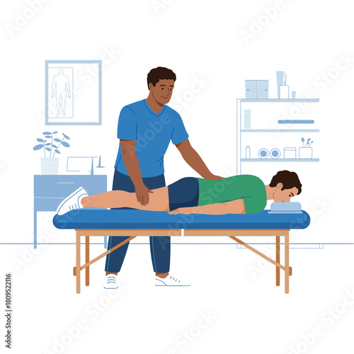 A physiotherapist is giving a massage to a patient on a massage table in a clinic.