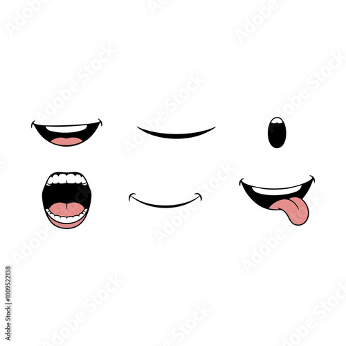 A diverse set of expressive cartoon mouths and lips, featuring happy smiles, open laughs, and playful tongues in a vector illustration pack for character creation