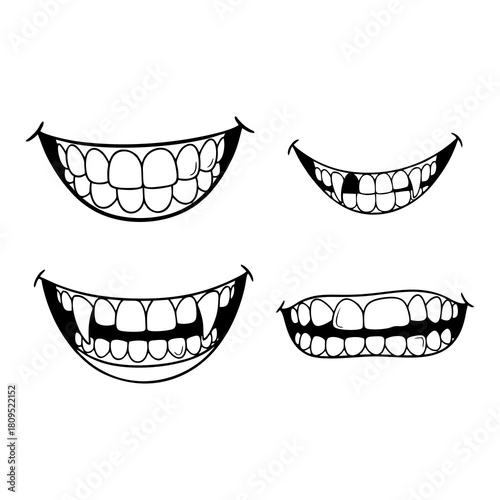 Set of four cartoonish mouths with different expressions, showcasing teeth and lips in a playful doodle style