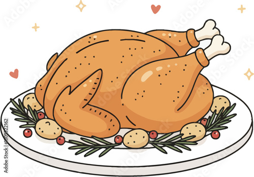 Roasted turkey on a platter with potatoes and rosemary, festive meal.