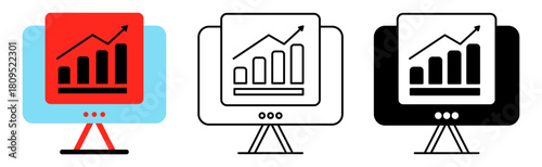 Modern flat vector illustration featuring a computer monitor presenting analytics and data visualization