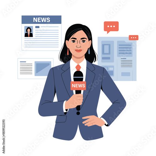 A female news reporter holds a microphone and stands in front of news graphics.