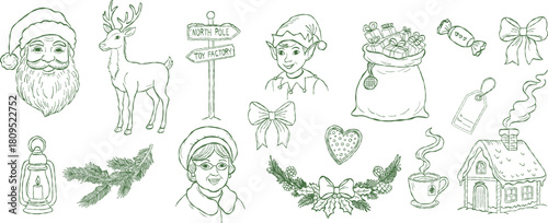 Hand drawn Christmas characters and holiday elements with Santa, elf, reindeer, gifts and winter decor. Vintage festive sketch illustration