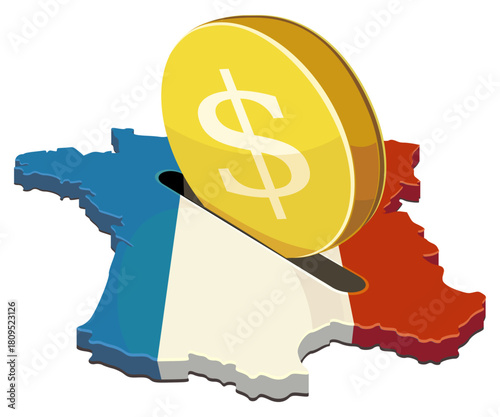 A dollar coin being inserted into a slot on the France map (flag colors). Concept for foreign investment, finance, or economic aid in Europe. (cut out)