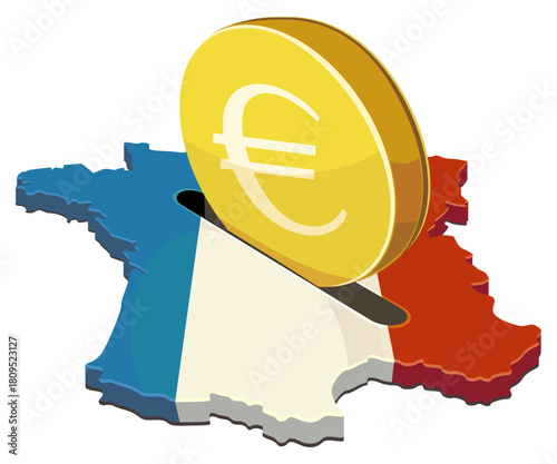 A euro coin being inserted into a slot on the France map (flag colors). Concept for foreign investment, finance, or economic aid in Europe. (cut out)