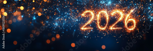2026 Happy New Year deign with blue and gold sparkles and copy space