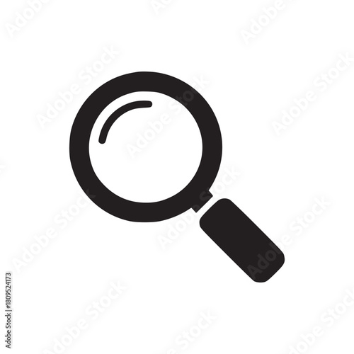 A simple black magnifying glass icon on a white background used for search and investigation themes