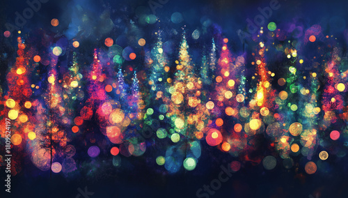 Magical, colorful forest with trees and glowing lights