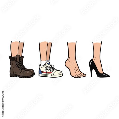 Set of four different foot coverings, including a boot, sneaker, bare foot, and high heel shoe, isolated on a white background, representing fashion and footwear choices