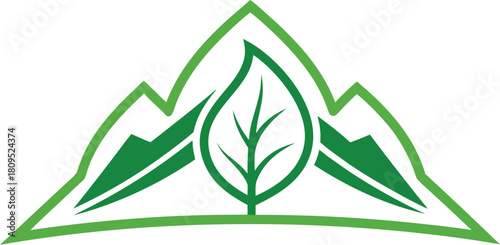 Green mountain and leaf outline logo isolated on transparent background