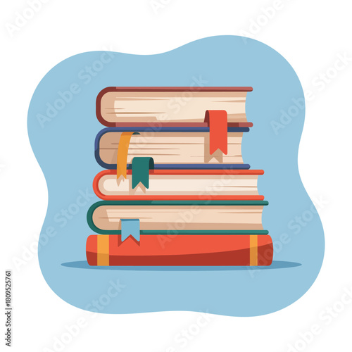 A stack of colorful books with bookmarks rests on a blue background.