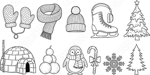 Flat vector winter icons including snowman, penguin, mittens, scarf, hat, igloo, candy cane, snowflake, pine tree, Christmas elements
