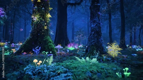 Macro view of intricate bioluminescent fungi and moss, revealing microscopic details and textures with vibrant illumination. Close up, focusing on the delicate structures and intense saturation of?