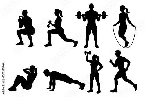 Silhouettes of diverse workouts including weightlifting, jump rope, and running.