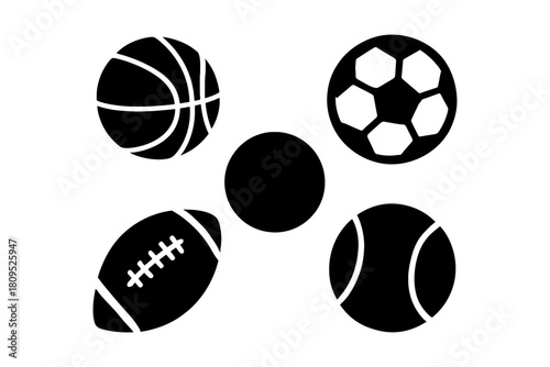 Icon set of basketball, soccer, rugby, tennis, and plain sports balls.