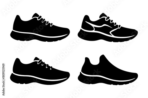 Set of four black silhouette athletic shoes on white background.