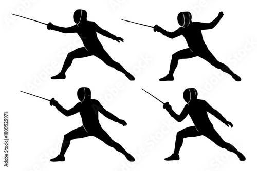 Silhouettes of fencers in dynamic poses with swords.