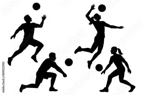Silhouettes of male and female athletes playing volleyball in dynamic poses.