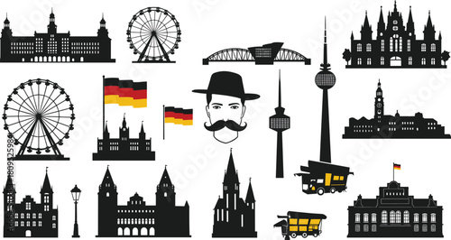 Germany landmarks silhouette, Berlin skyline illustration, Brandenburg Gate, German culture, Bavarian man, Ferris wheel, architecture, tourism, travel, heritage, Europe
