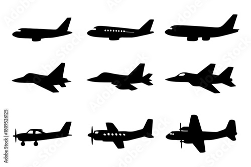 Silhouette collection of various airplanes and jet planes in flight.