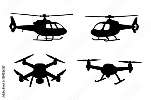 Silhouette array of two helicopters and two drones in black.