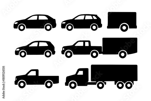 Silhouette set of various vehicles: cars, suvs, and trucks in black.