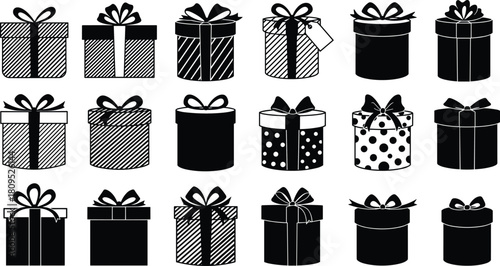 Gift box silhouettes, present icons, ribbon bow, holiday packaging, festive design, Christmas gift, birthday present, celebration vector, black illustration, set