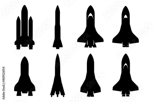 Set of nine black silhouette rocket illustrations in various designs.