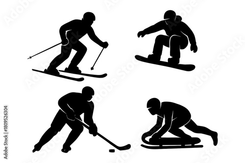 Silhouettes of winter sports: skiing, snowboarding, ice hockey, tobogganing.