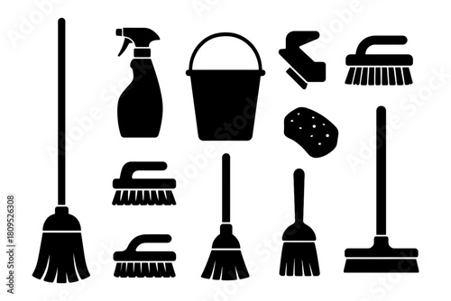 Silhouette icons of cleaning tools: broom, brush, and spray bottle equipment.