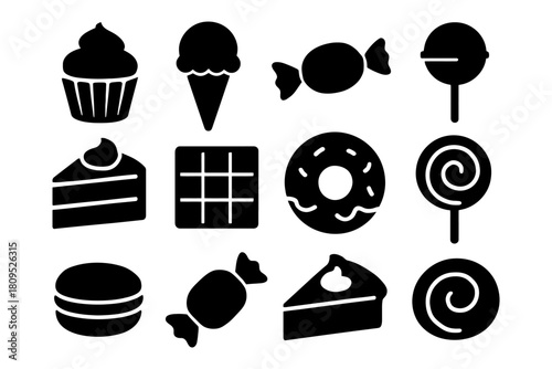 Assorted sweet treats icons: cupcake, ice cream, candy, lollipop, and pastries.