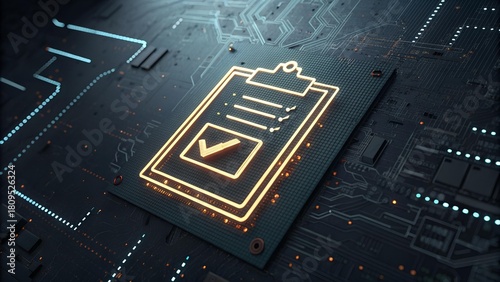 A digital checklist with a glowing checkmark sits on a circuit