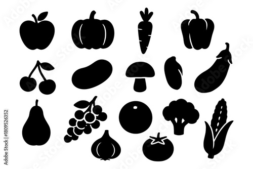 Black silhouette icons of various fruits and vegetables on white background.