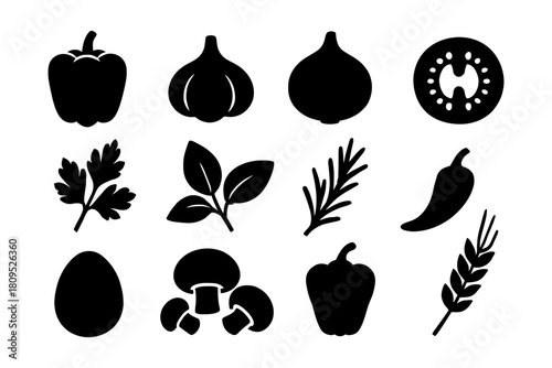 Black silhouettes of vegetables and herbs on white background.