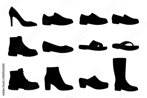 Silhouette collection of various footwear styles.