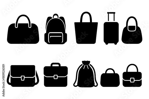 Silhouette collection of various bag types including luggage and backpacks.