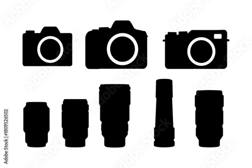 Collection of camera and lens silhouettes with varied shapes and sizes.