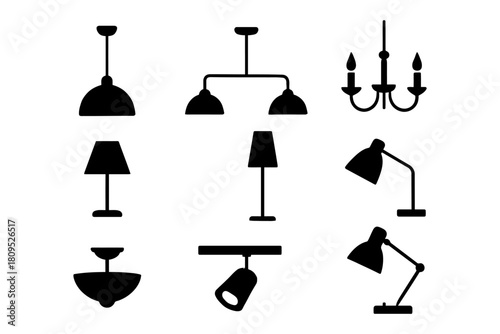 Collection of various lamp and chandelier silhouettes in black.