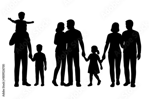 Silhouette of family groups: couples, children, interactions.